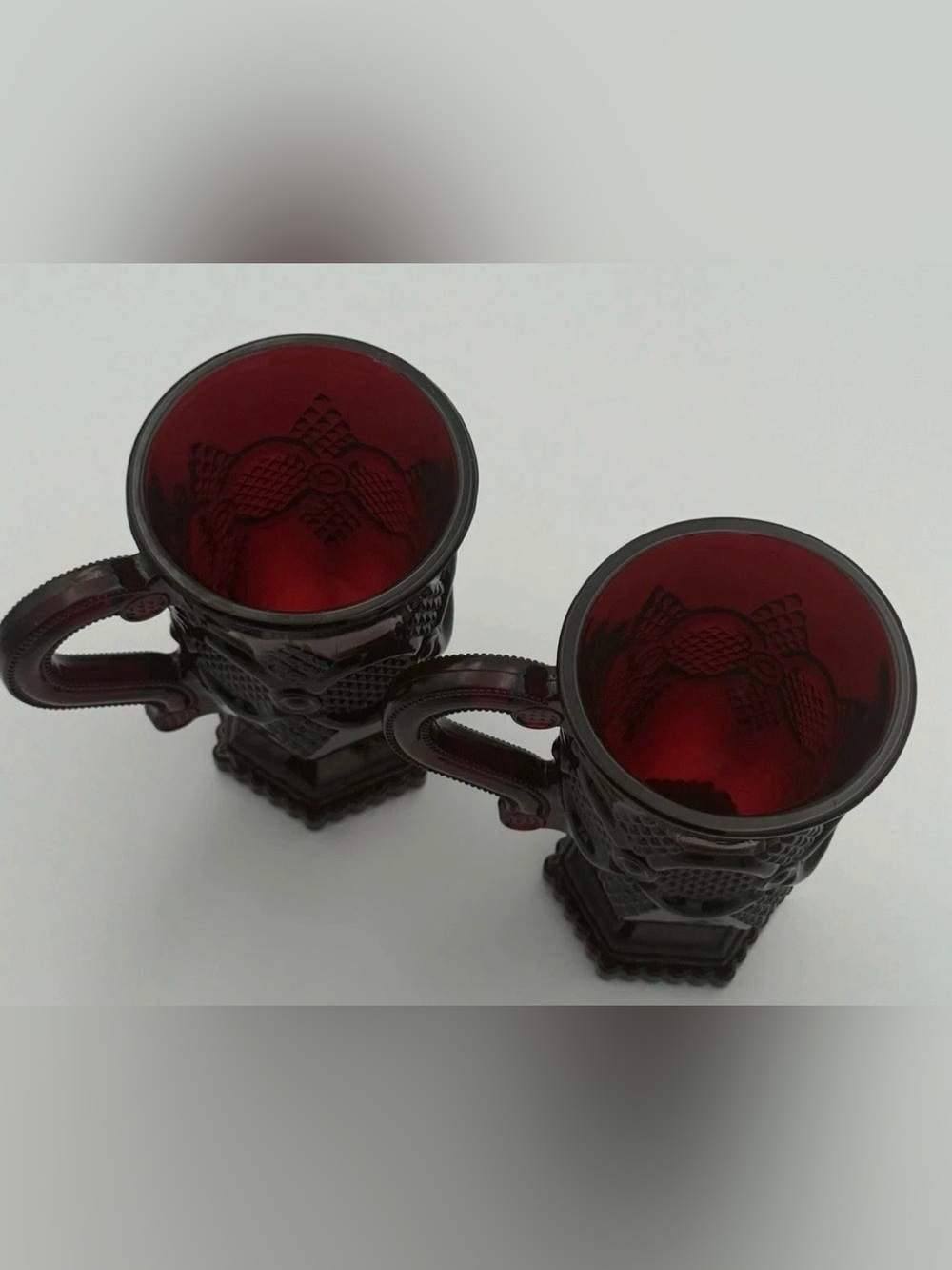 Vintage Avon 1876 Cape Cod Ruby Red Pedestal Glass Coffee Mugs Pressed Lot Of 2 - Picture 7 of 10